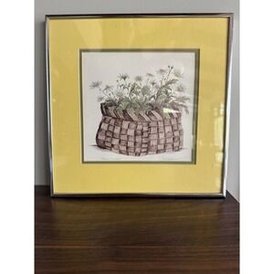 VTG Pat Satterfield "Daisy Basket" Signed Lithograph Print Framed Floral 12x12